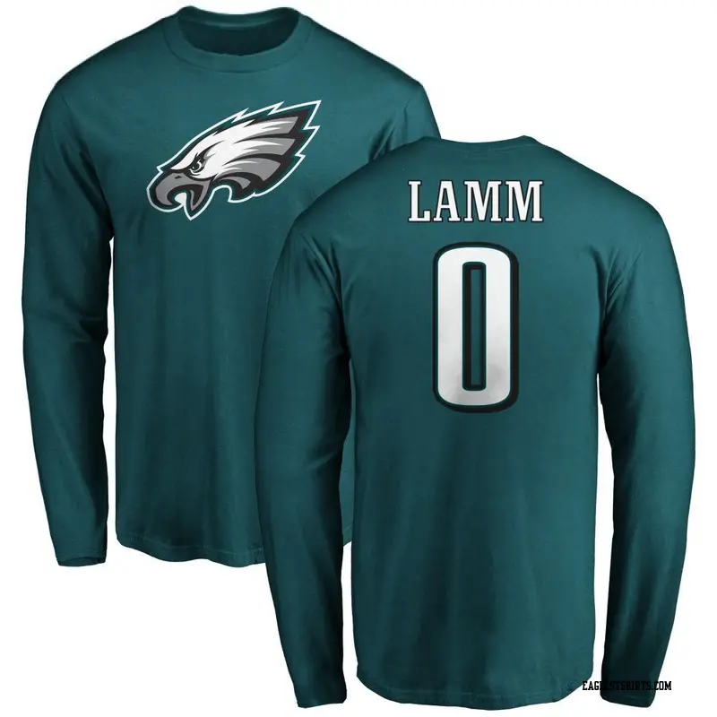 Men's Philadelphia Eagles ＃0 Kendall Lamm Green Name & Number Logo Long Sleeve T-Shirt