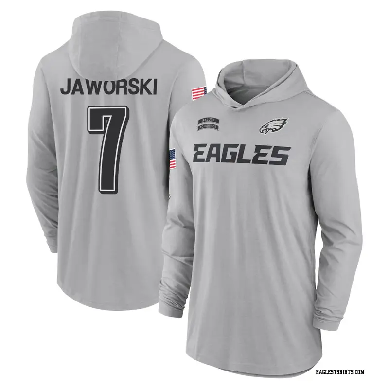 Men's Philadelphia Eagles ＃7 Ron Jaworski Gray 2024 Salute to Service Lightweight Performance Long Sleeve Hooded T-Shirt