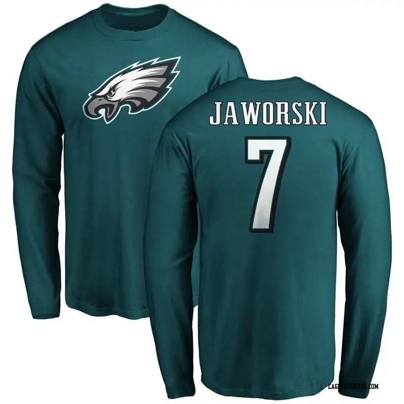 Men's Philadelphia Eagles ＃7 Ron Jaworski Green Name & Number Logo Long Sleeve T-Shirt