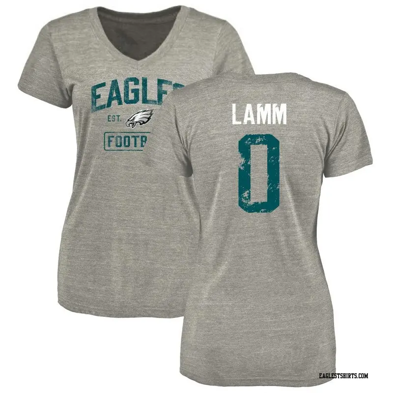 Women's Philadelphia Eagles ＃0 Kendall Lamm Gray Heather Distressed Name & Number V-Neck T-Shirt