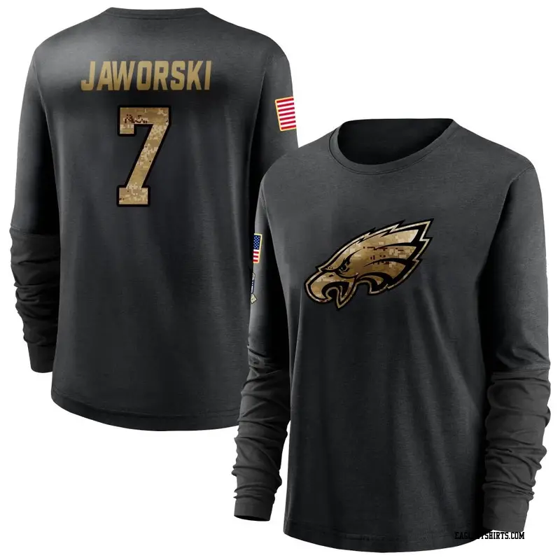 Women's Philadelphia Eagles ＃7 Ron Jaworski Black 2020 Salute To Service Sideline Performance Long Sleeve T-Shirt