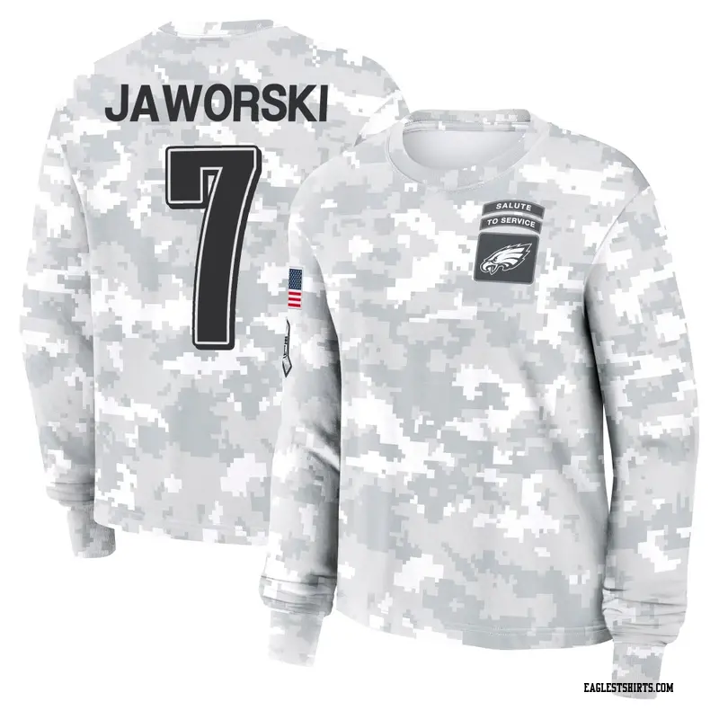 Women's Philadelphia Eagles ＃7 Ron Jaworski Camo Arctic 2024 Salute to Service Long Sleeve T-Shirt