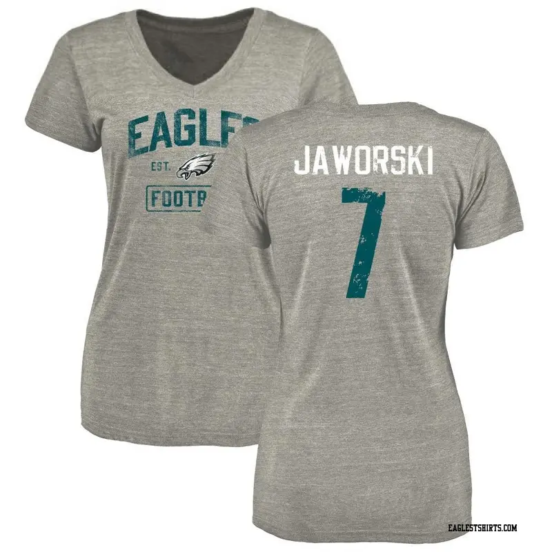 Women's Philadelphia Eagles ＃7 Ron Jaworski Gray Heather Distressed Name & Number V-Neck T-Shirt