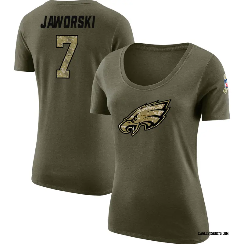 Women's Philadelphia Eagles ＃7 Ron Jaworski Olive Salute to Service Scoop Neck T-Shirt